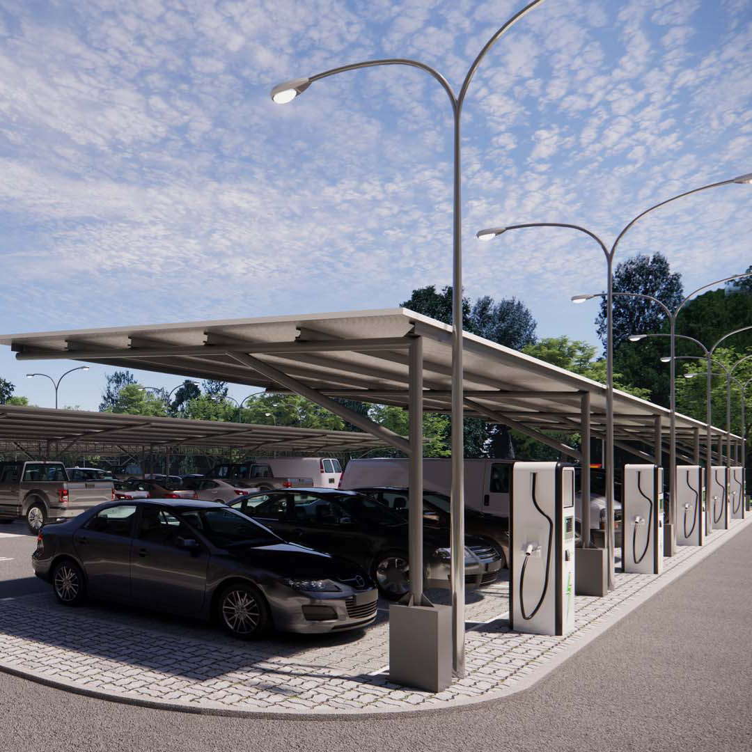 E-Ladepark mit ladenden Autos
