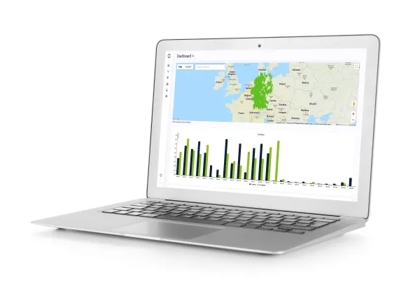 Flexiflow dashboard The Flexiflow dashboard on a laptop displays a map and a diagram.