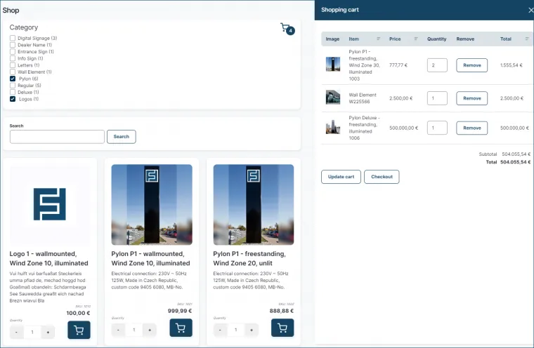 Integrierter Onlineshop in Flexiflow FlexiFlow Onlineshop Produktübersicht mit Filtermöglichkeiten und Warenkorb.