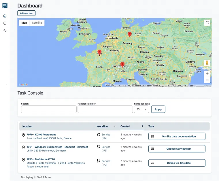 Das Flexiflow-Dashboard mit einer Karte und einer Liste der Standorte.