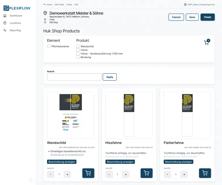 FlexiFlow Shop mit Filtern und einer Produktübersicht.